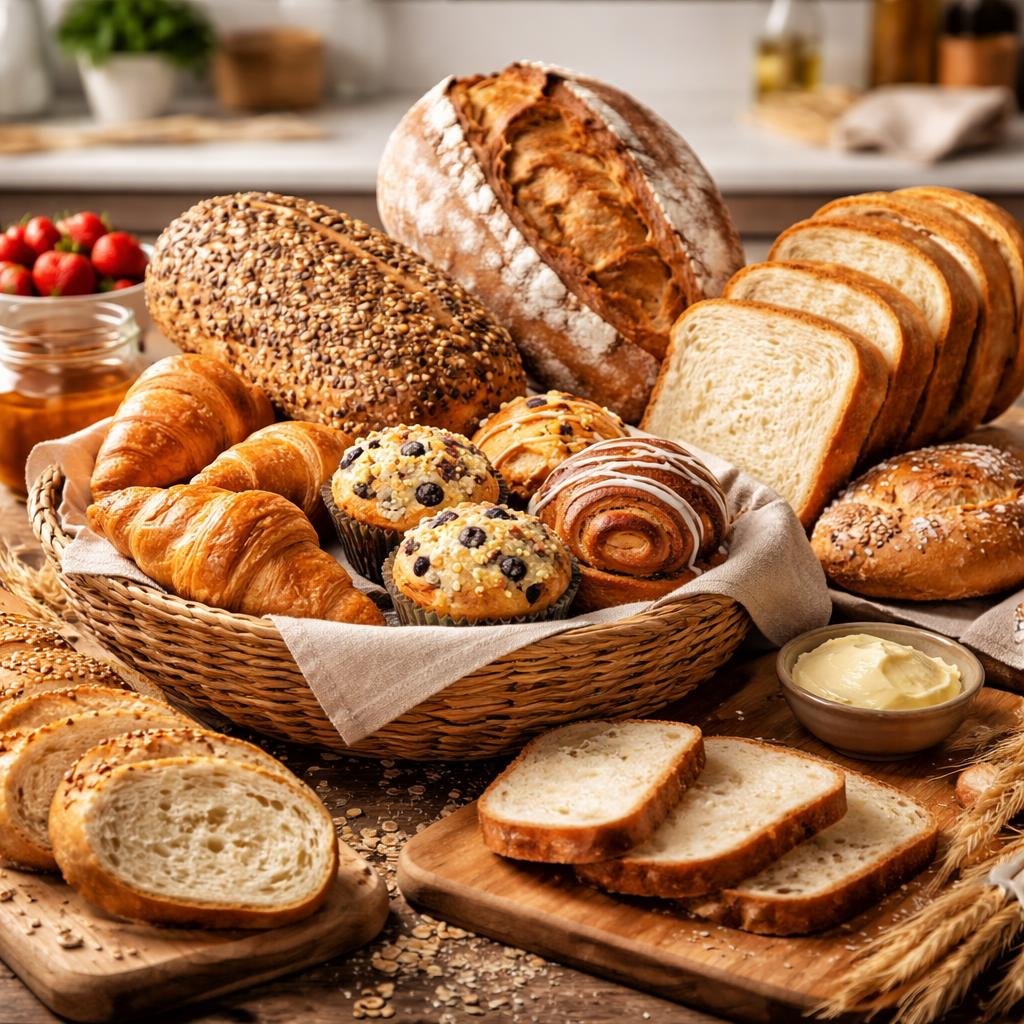 Assorted sandwich bread, dinner rolls, and bakery pastries