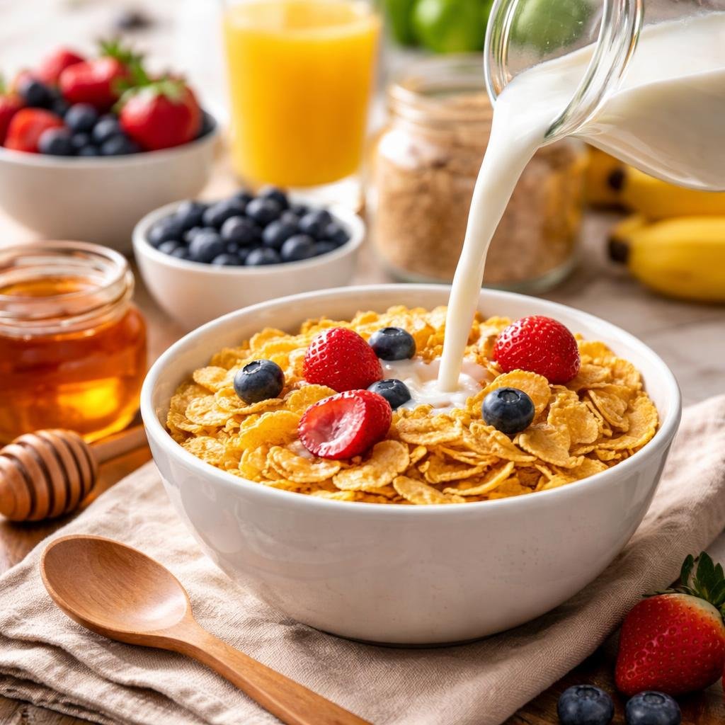 Assorted breakfast cereal boxes and granola with bowls