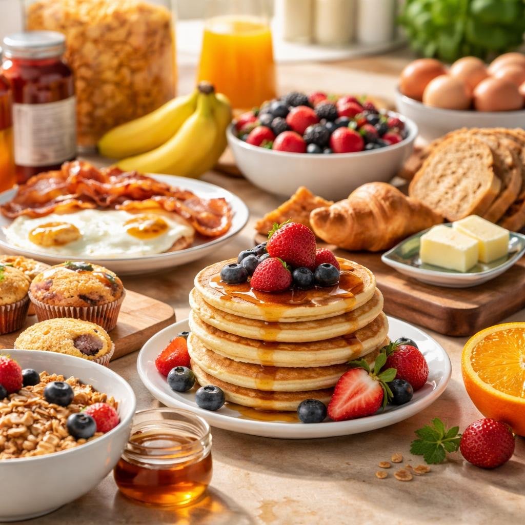 Assorted breakfast cereal, bars, and biscuits on counter