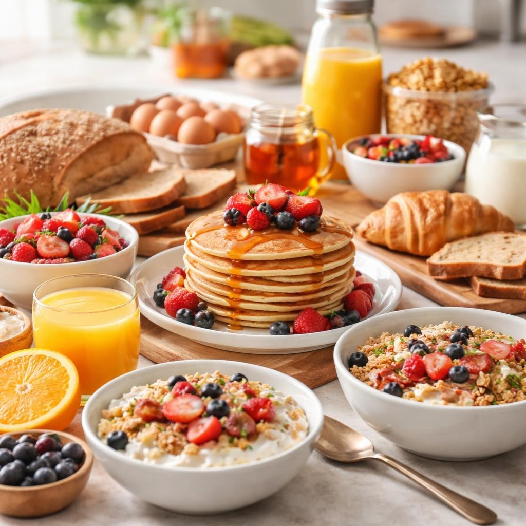 Assorted breakfast cereal, bars, and biscuits selection
