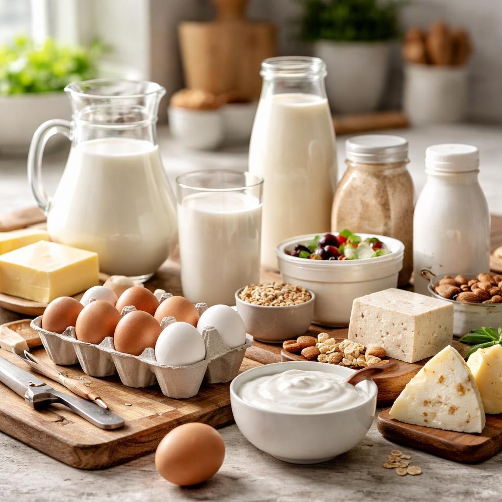 Dairy milk, eggs, yogurt, and plant-based alternatives assortment