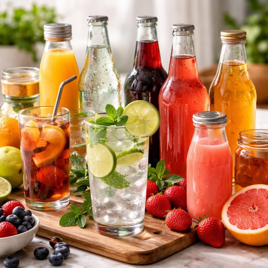 Assorted bottled water, sparkling drinks, and drink mixes