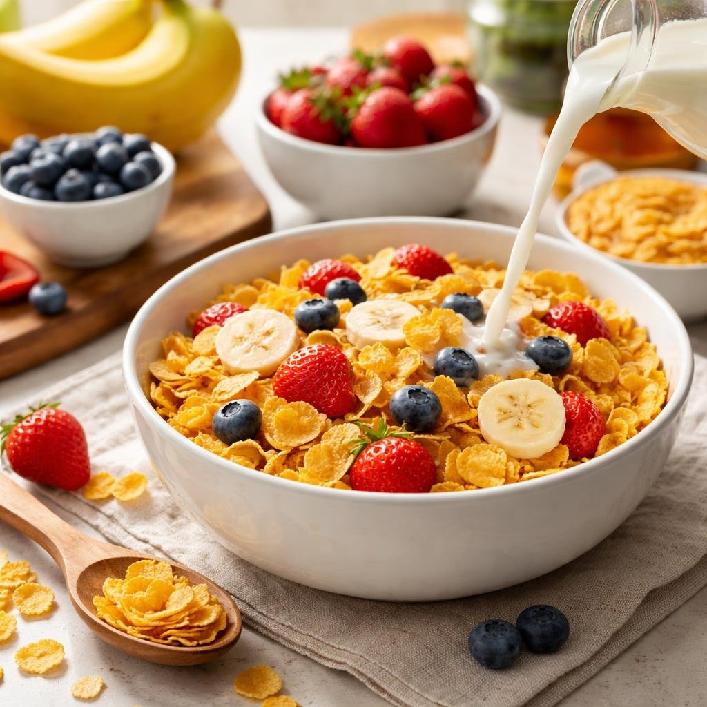 Assorted cold breakfast cereal boxes on kitchen counter