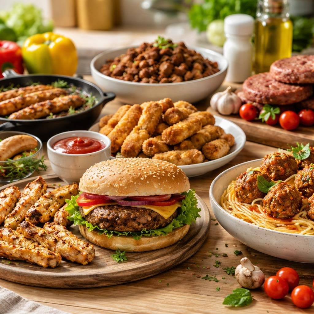 Assorted plant-based meat substitutes for skillet meals