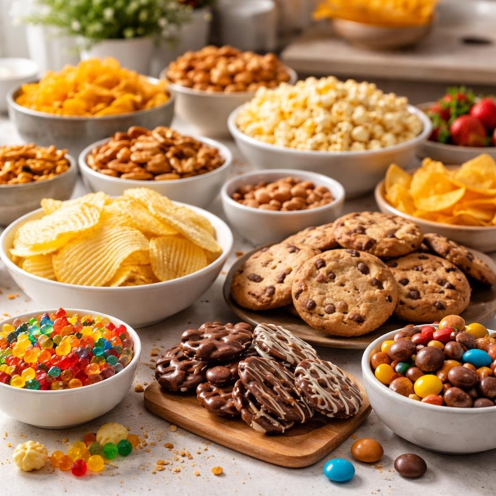 Curated snacks and sweets assortment with sweet and savory options