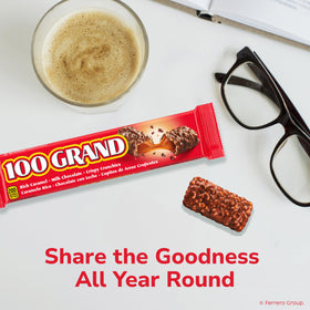 Box showing 18 100 Grand bars for bulk snacking and sharing.