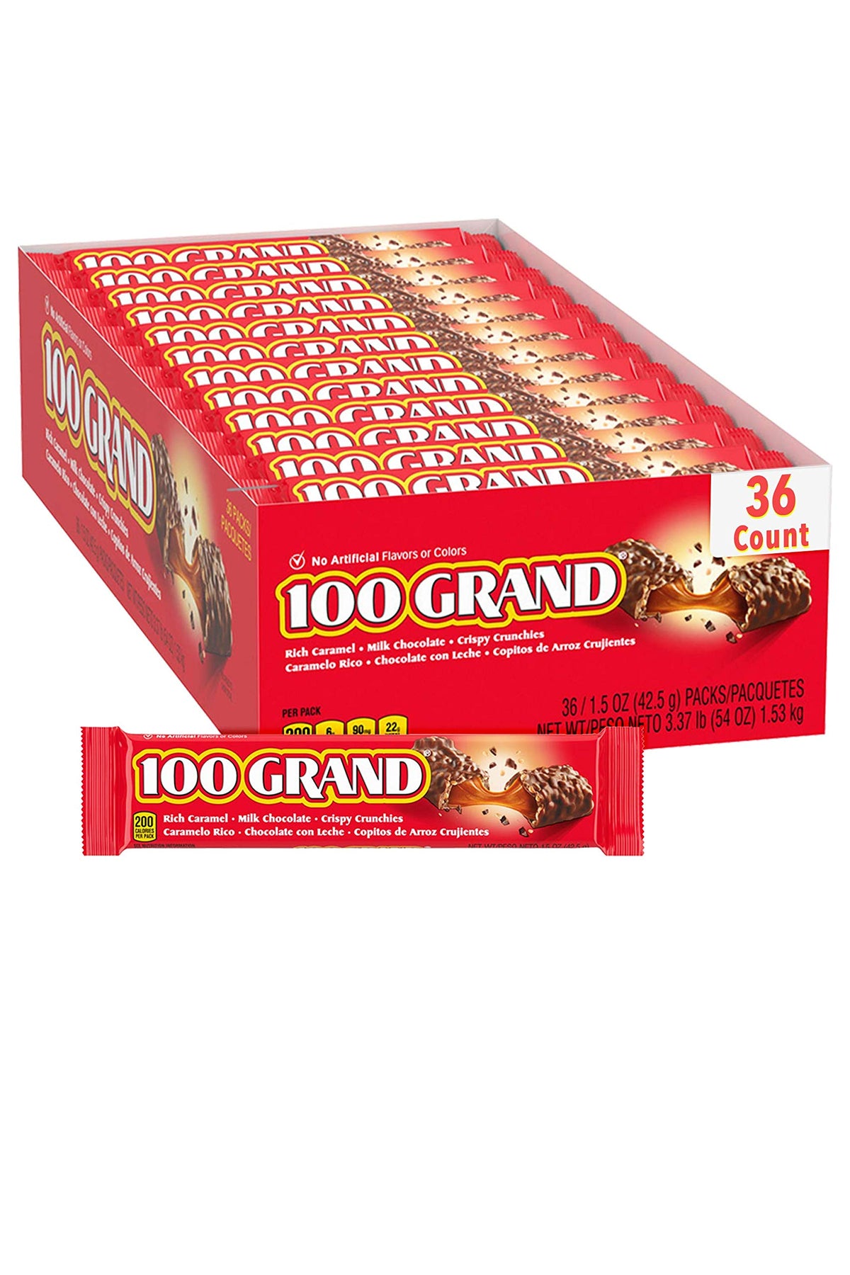100 Grand milk chocolate bar full-size wrap showing chewy caramel and crisped rice