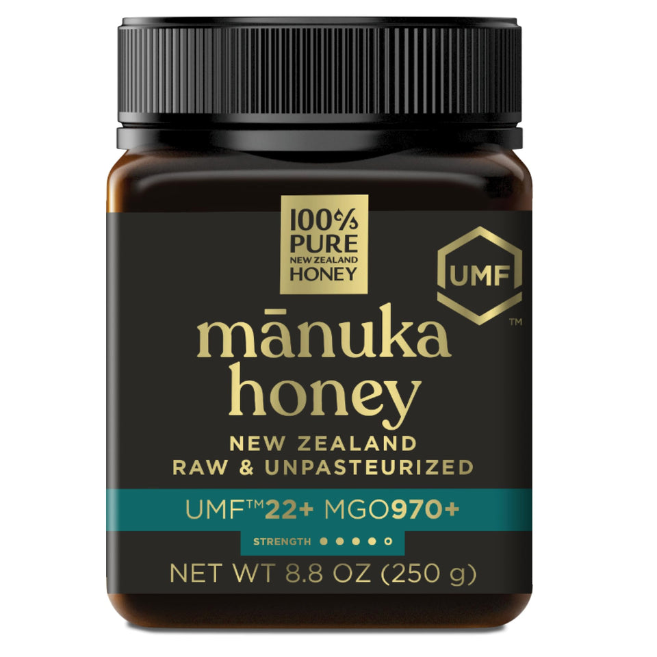 100% Pure New Zealand Honey Manuka UMF22+ bottle pour highlights premium flavor