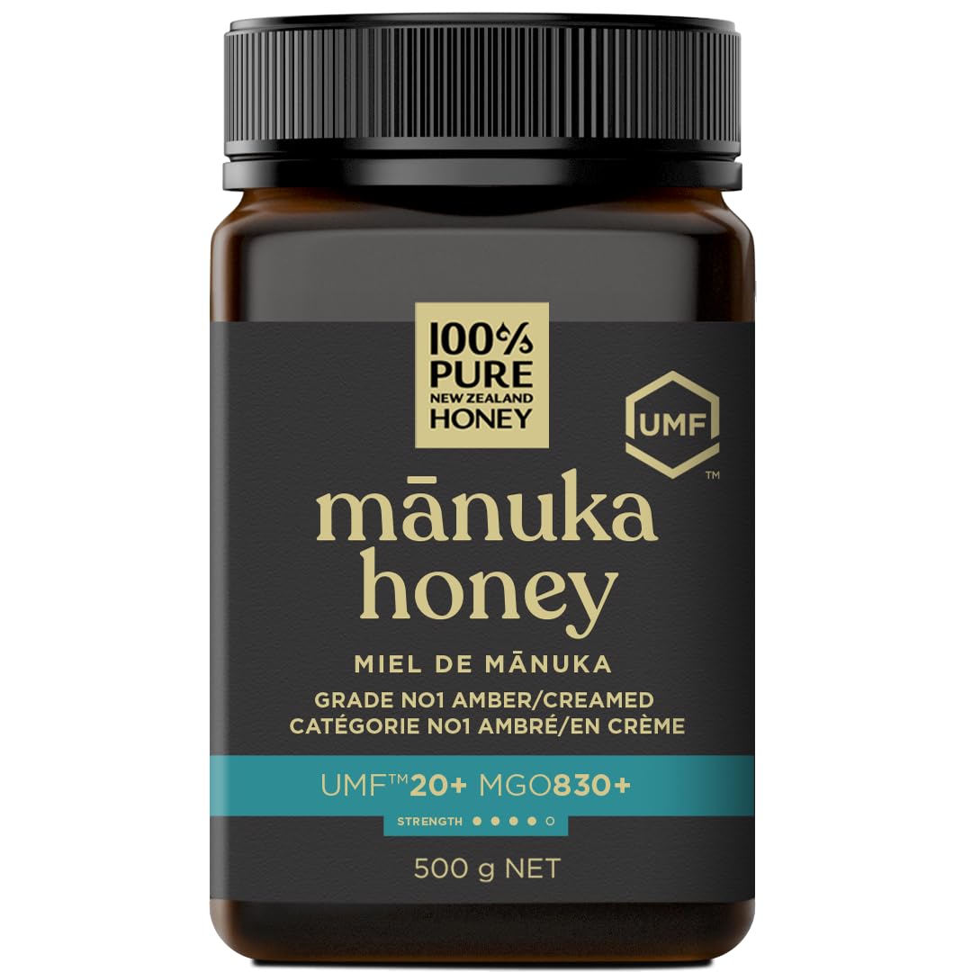 100% Pure New Zealand Honey Manuka UMF20+ bottle signaling premium quality and smooth flavor