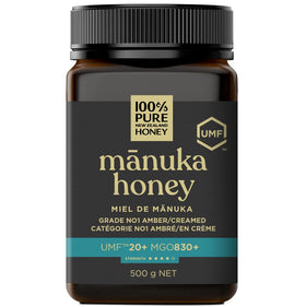 100% Pure New Zealand Honey Manuka UMF20+ bottle signaling premium quality and smooth flavor