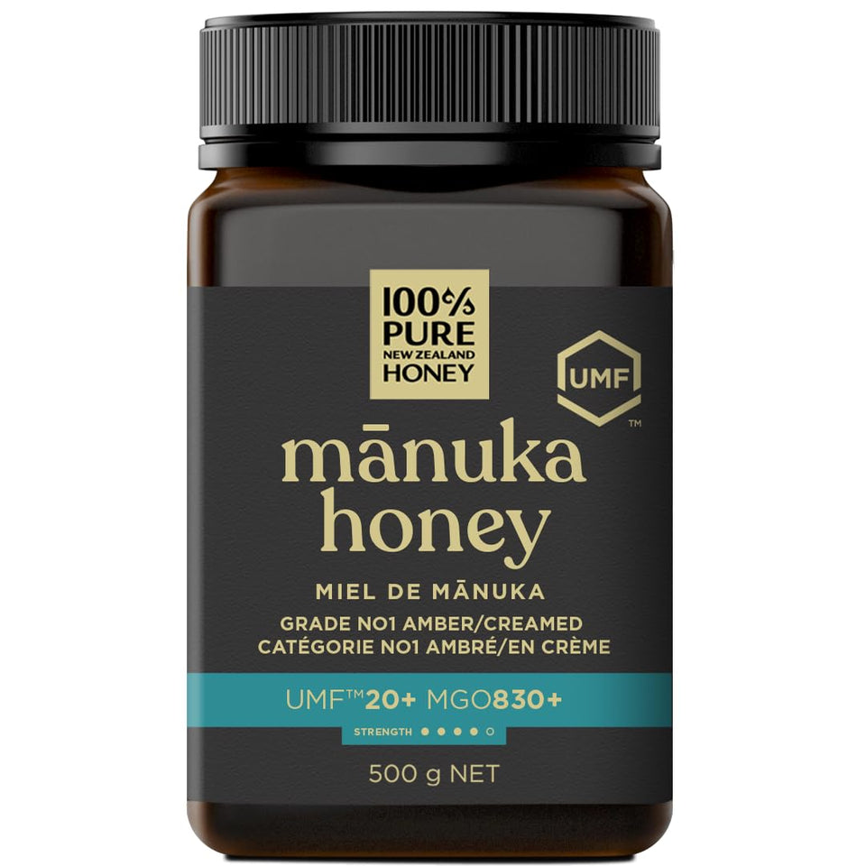 100% Pure New Zealand Honey Manuka UMF20+ bottle signaling premium quality and smooth flavor