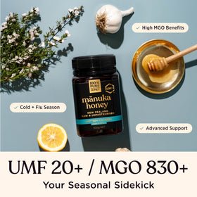 Label close-up highlighting UMF20+ certification on New Zealand Manuka honey