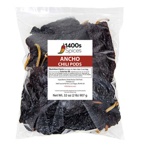 1400S Spices ancho dried peppers in bulk packaging for authentic chili flavors.