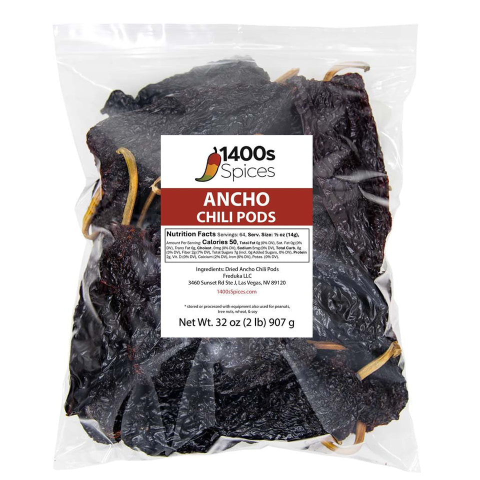 1400S Spices ancho dried peppers in bulk packaging for authentic chili flavors.