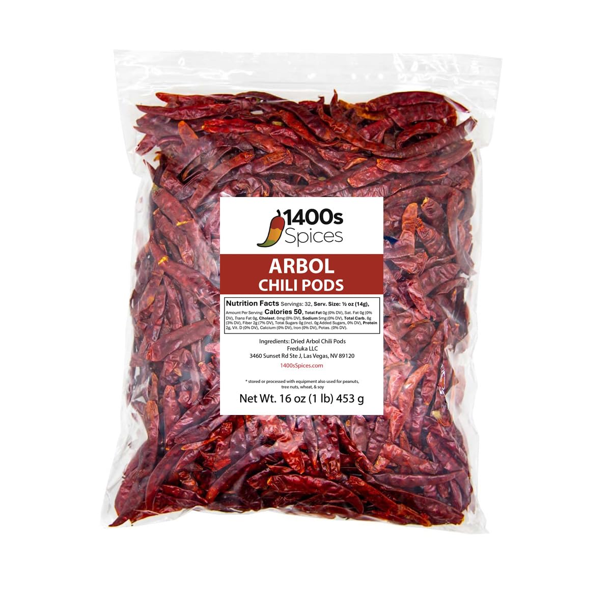 1400S SPICES Arbol chili pods in a 1lb pack, ideal for authentic heat.