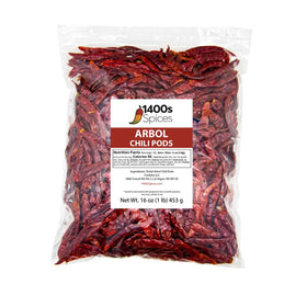 1400S SPICES Arbol chili pods in a 1lb pack, ideal for authentic heat.