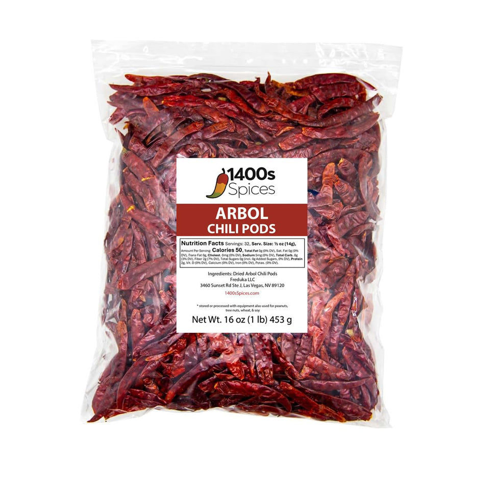 1400S SPICES Arbol chili pods in a 1lb pack, ideal for authentic heat.