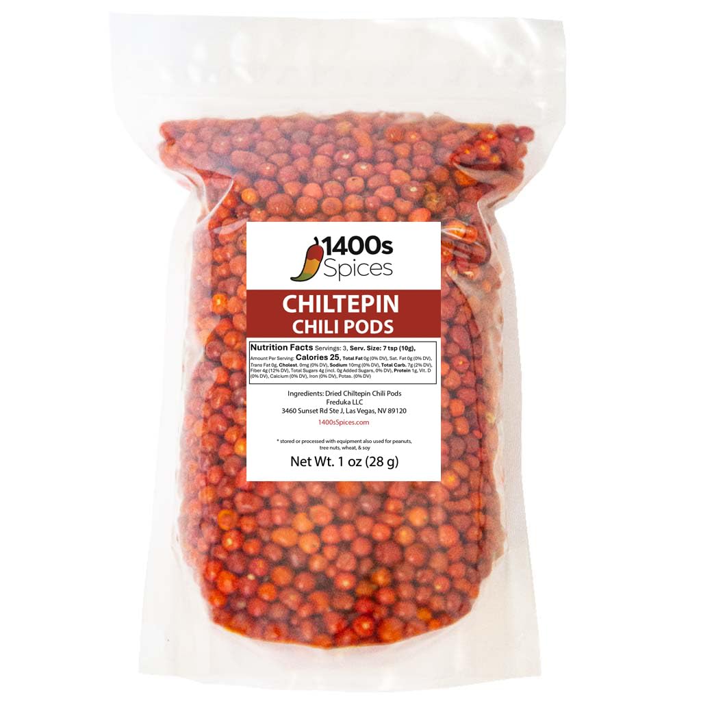 1400S SPICES chiltepin dried peppers 1lb bag, ideal for authentic salsas and sauces.