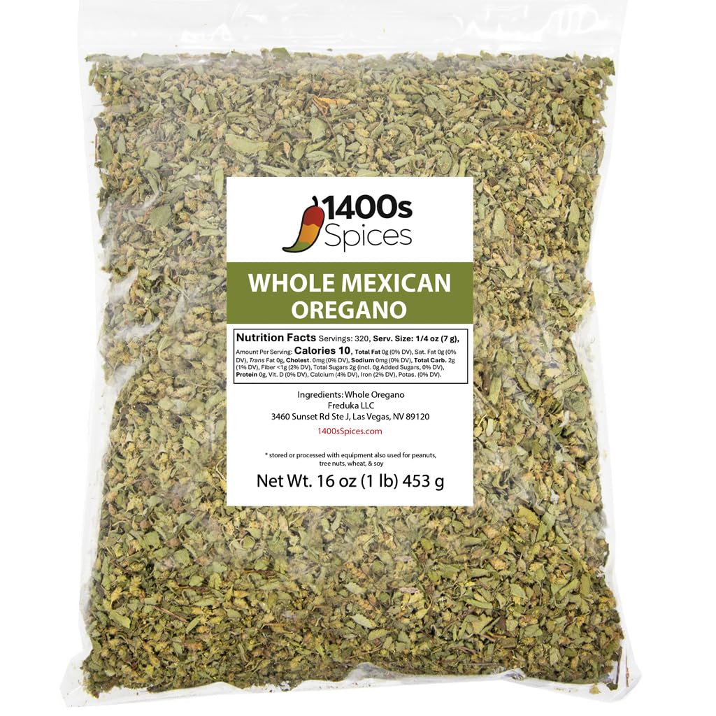 1400S Spices dried Mexican oregano bottle close-up for enhanced taco seasoning and Mexican dishes.