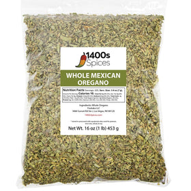1400S Spices dried Mexican oregano bottle close-up for enhanced taco seasoning and Mexican dishes.