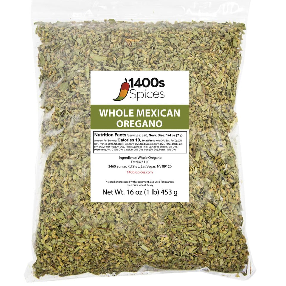 1400S Spices dried Mexican oregano bottle close-up for enhanced taco seasoning and Mexican dishes.