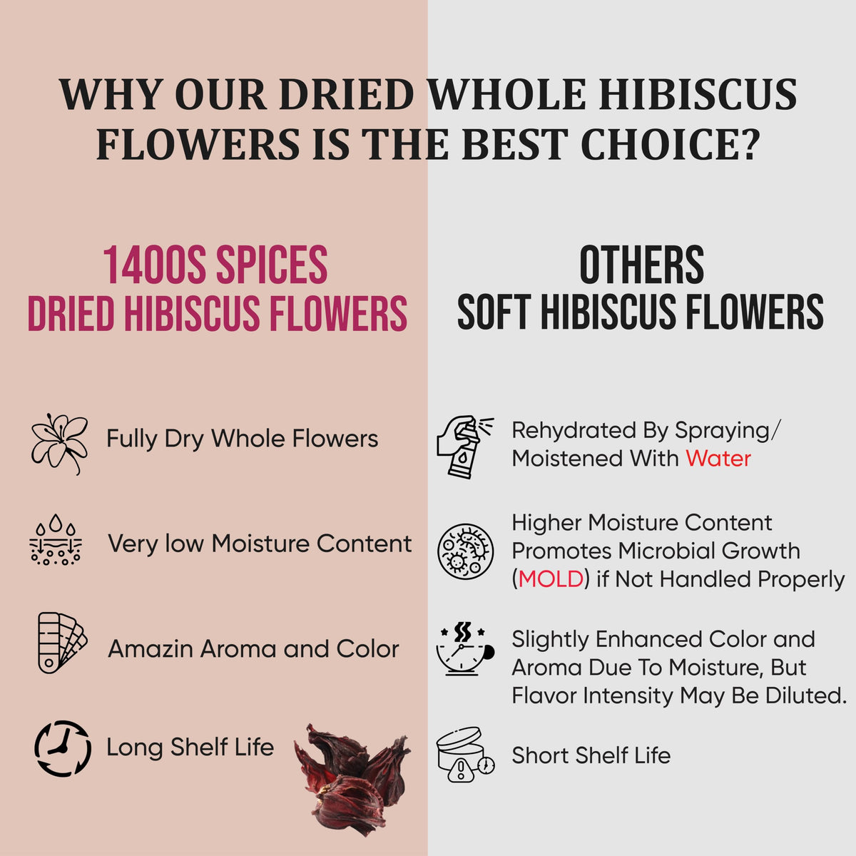 1400S SPICES hibiscus tea brew close-up highlights vibrant color and tart aroma.