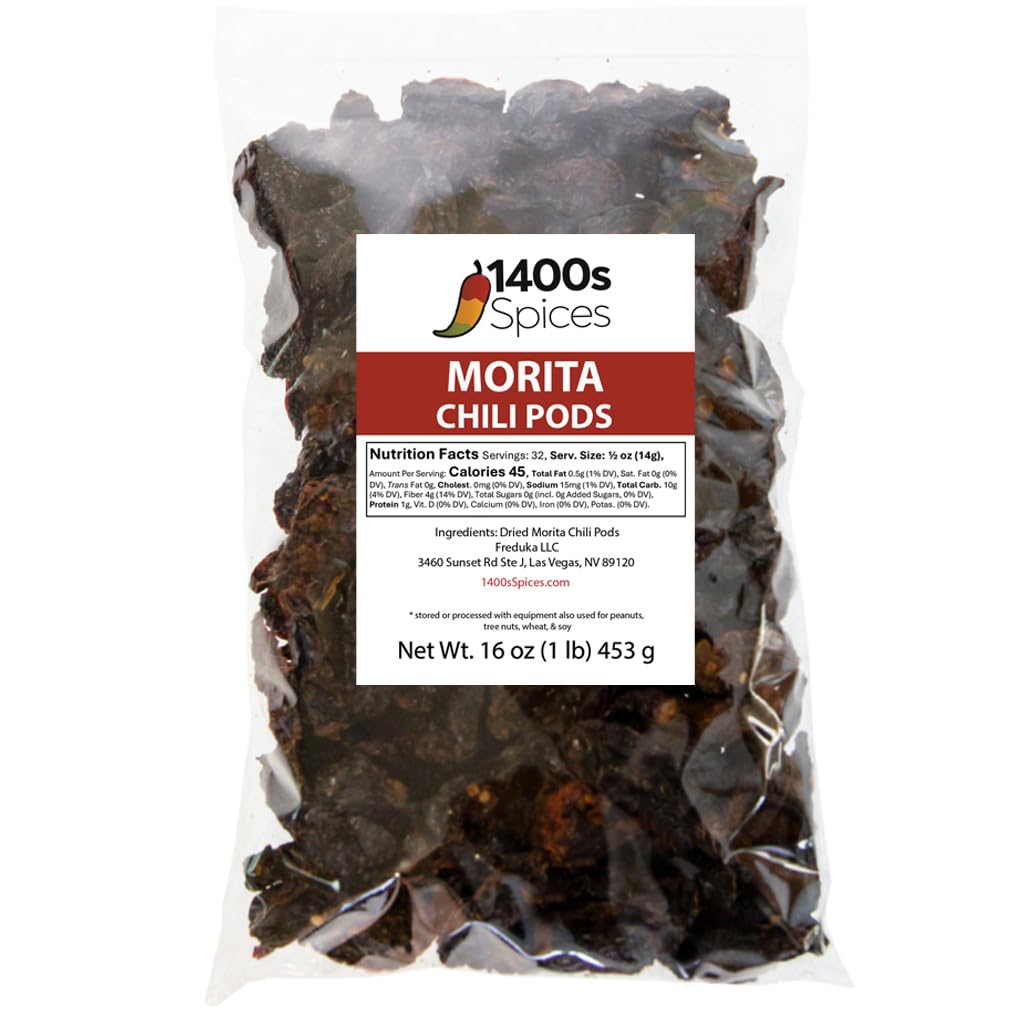 1400S Spices Morita chipotle peppers in resealable bag for smoky, authentic flavor.