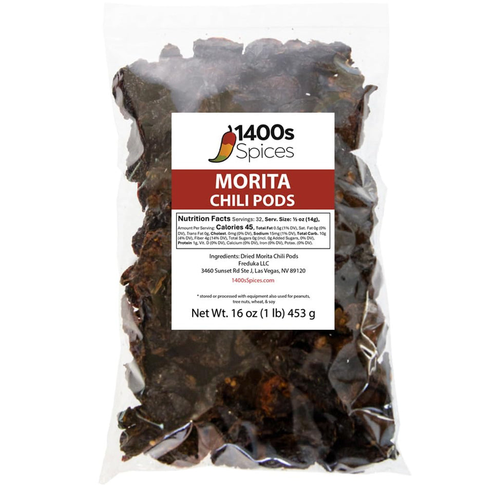1400S Spices Morita chipotle peppers in resealable bag for smoky, authentic flavor.