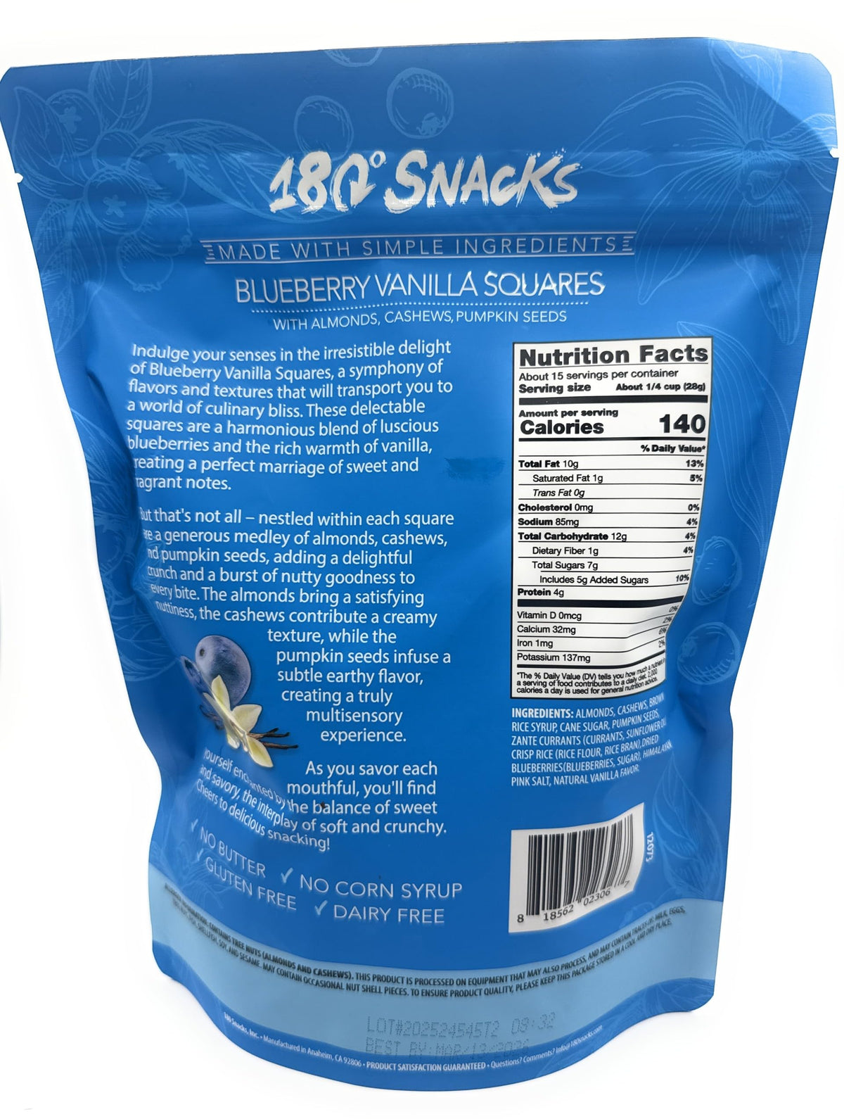 180 Snacks blueberry vanilla squares packaging for on-the-go snacking.