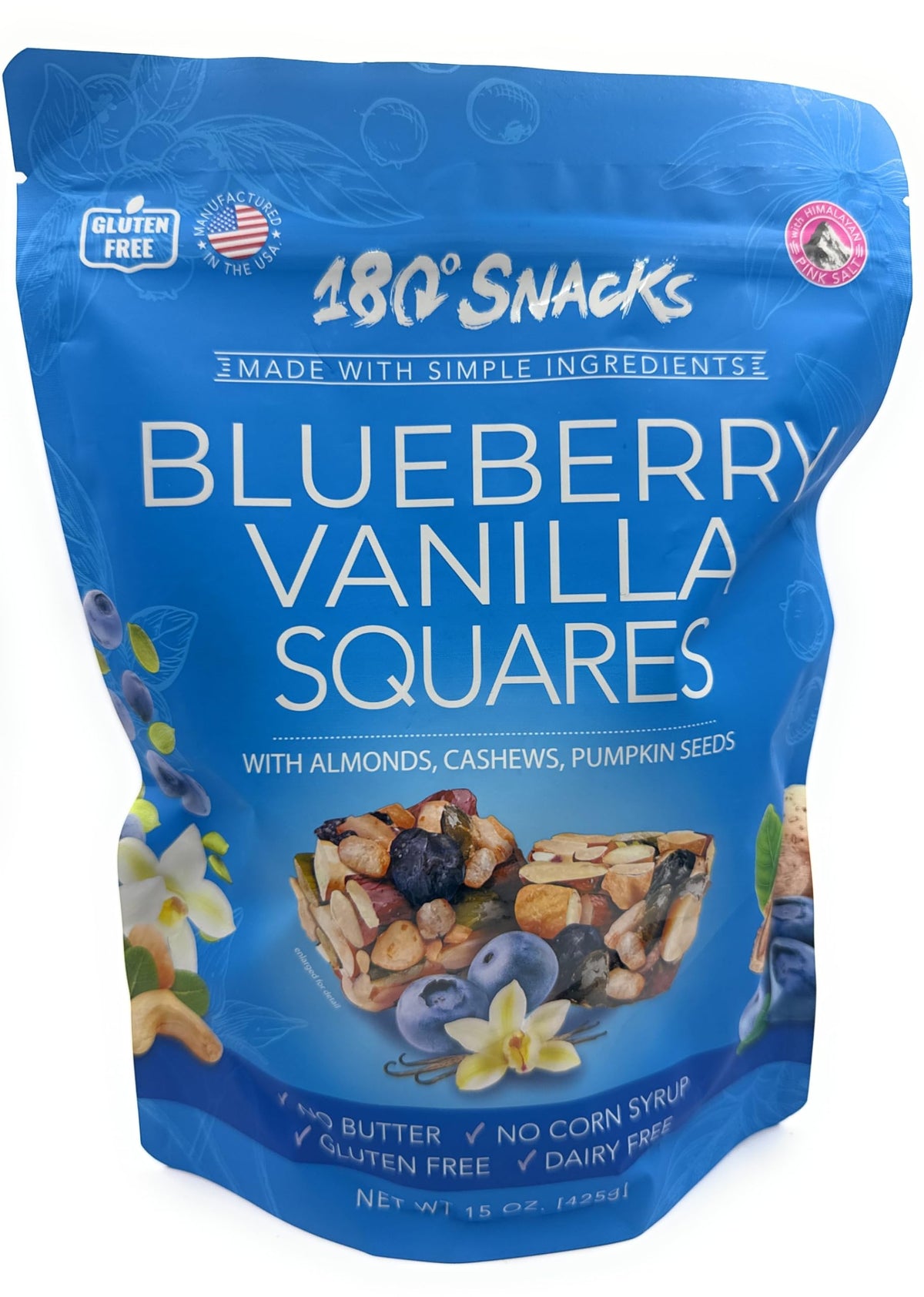 180 Snacks blueberry vanilla squares with almonds, cashews, and pumpkin seeds for a protein-packed snack.