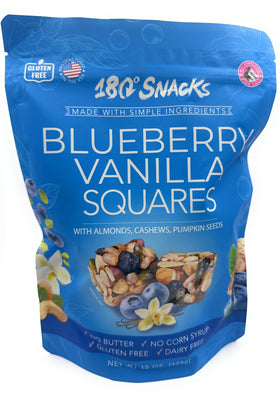 180 Snacks blueberry vanilla squares with almonds, cashews, and pumpkin seeds for a protein-packed snack.