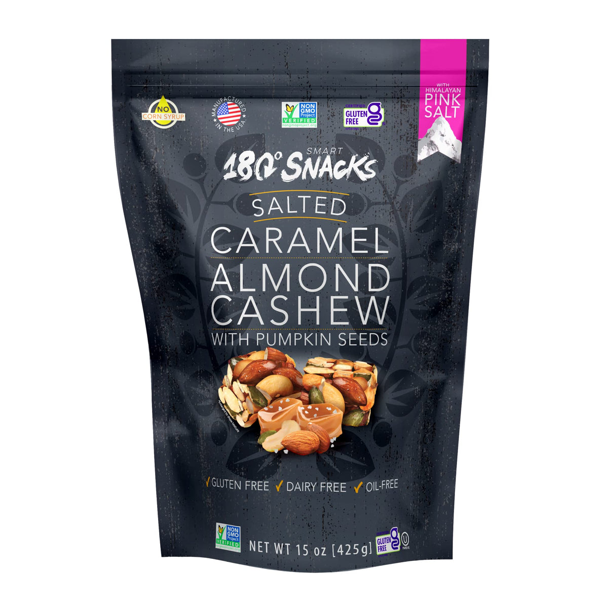 180 Snacks Salted Caramel Almond Cashew bag shows bite-sized gluten-free goodness
