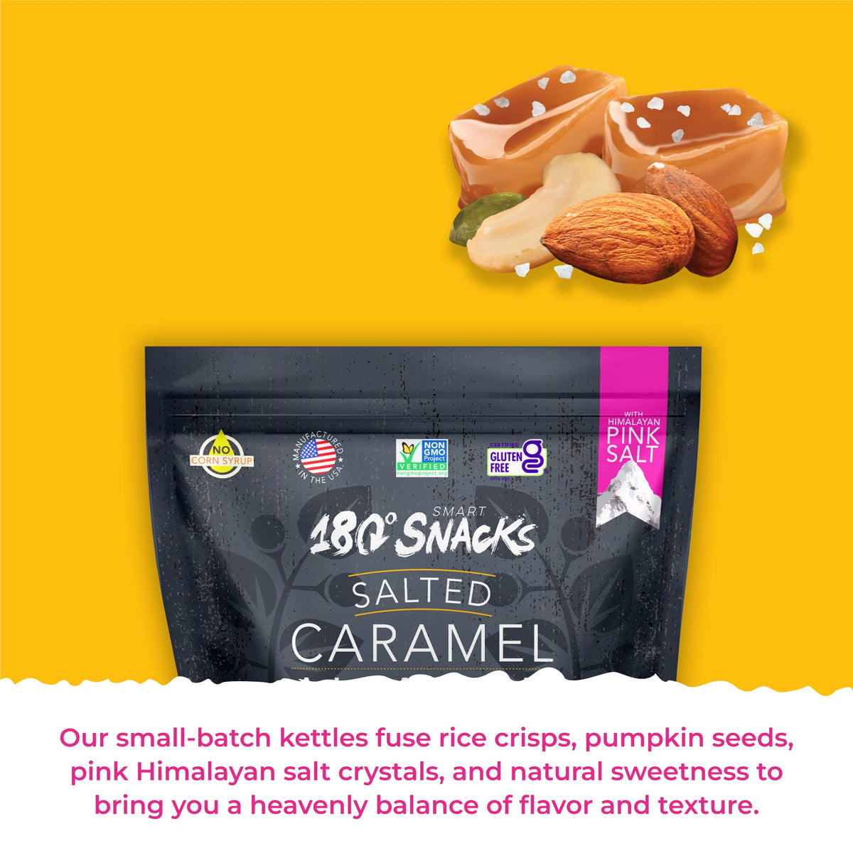 180 Snacks Salted Caramel Almond Cashew closeup highlights crunchy texture