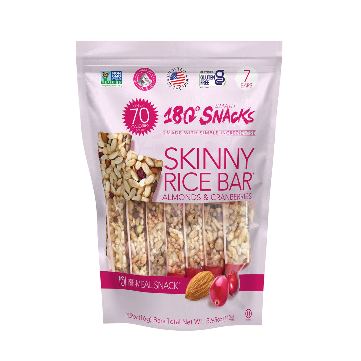 180 Snacks Skinny Rice Bar Cranberry & Almond front label showcases a low-calorie pre-meal snack.