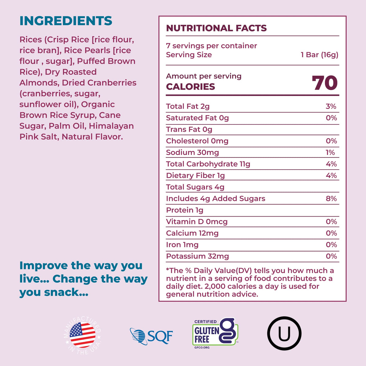 180 Snacks Skinny Rice Bar Cranberry & Almond nutrition panel highlights 70 calories per bar.
