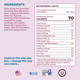 180 Snacks Skinny Rice Bar Cranberry & Almond nutrition panel highlights 70 calories per bar.