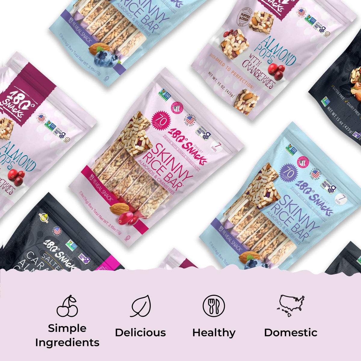 180 Snacks Skinny Rice Bar Cranberry & Almond packaging on shelf for grab-and-go moments.