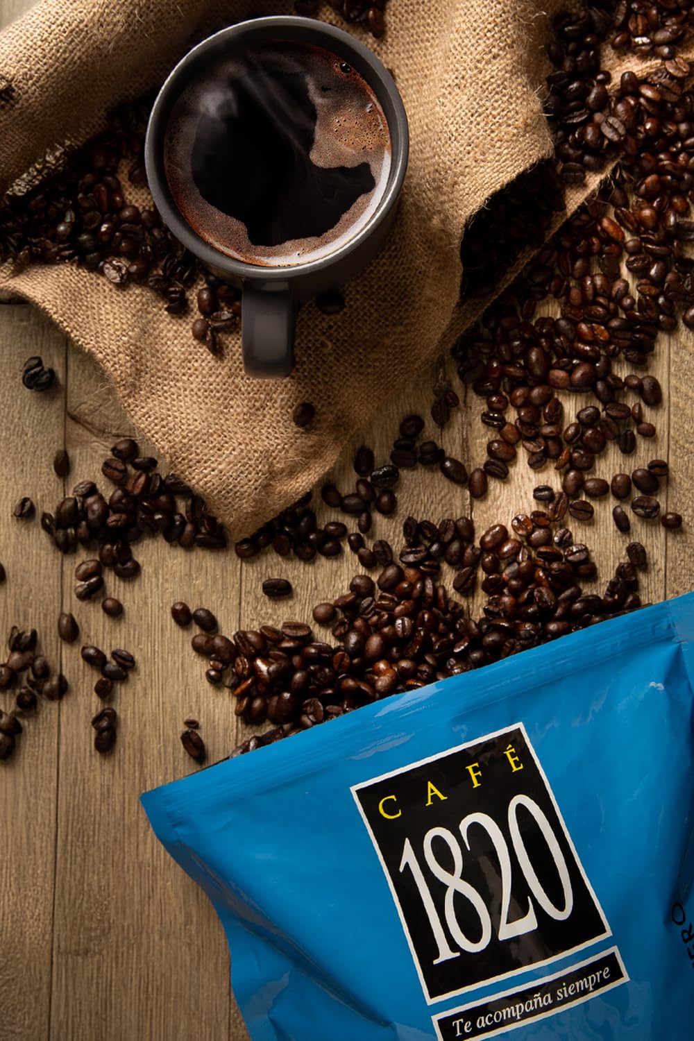 Cafe 1820 brewed coffee cup with steam illustrates a balanced cup.