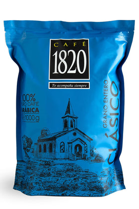 Cafe 1820 whole bean bag highlighting premium freshness for rich brewing.