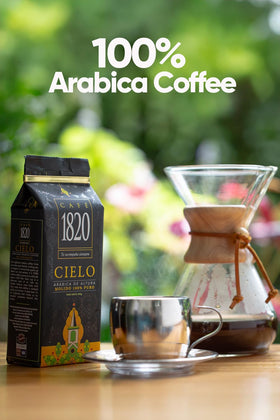 Café 1820 Cielo Gourmet 100% Arabica beans ready for grinding.