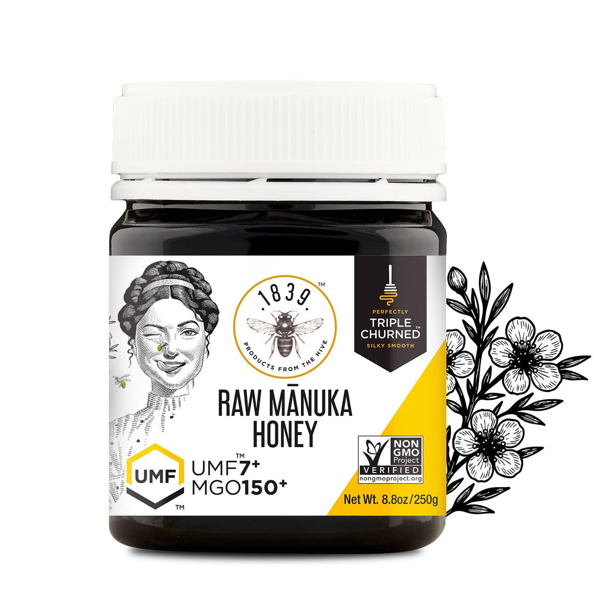 1839 Manuka honey bottle front highlights silky texture and New Zealand origin