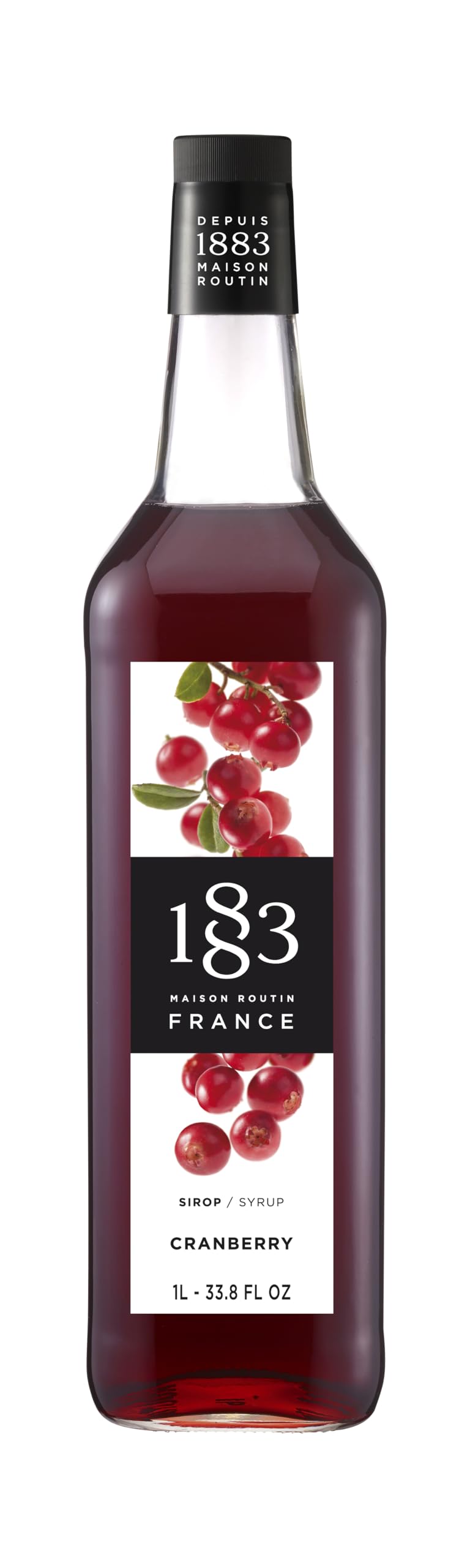 1883 Cranberry Syrup glass bottle ideal for cocktails and desserts.