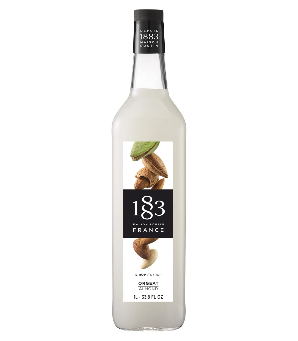 1883 MAISON ROUTIN almond syrup bottle closeup for premium cocktails and desserts.