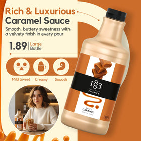 Pouring 1883 Caramel Sauce from the bottle for coffee or desserts.
