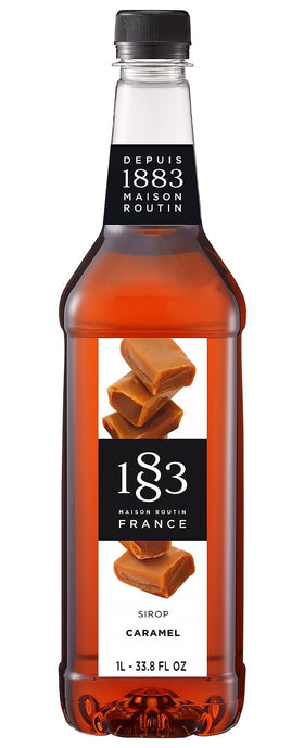 1883 Maison Routin caramel syrup bottle ready for café-style drinks at home.