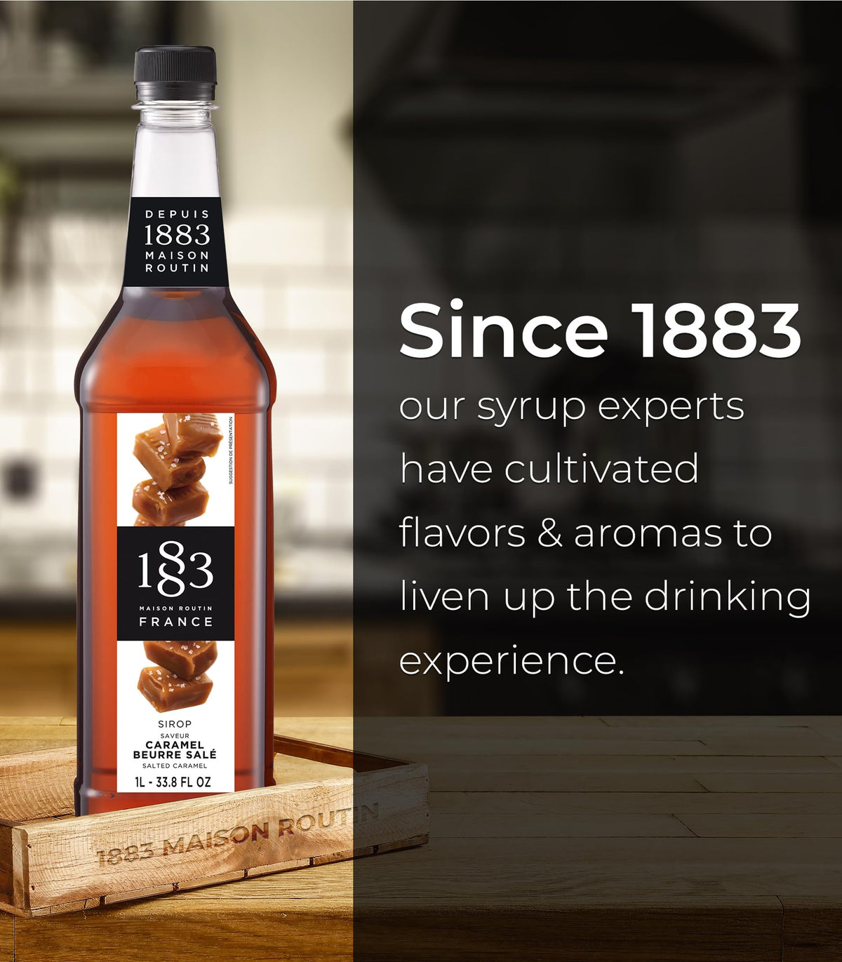Coffee shot with 1883 caramel syrup adds depth to lattes.