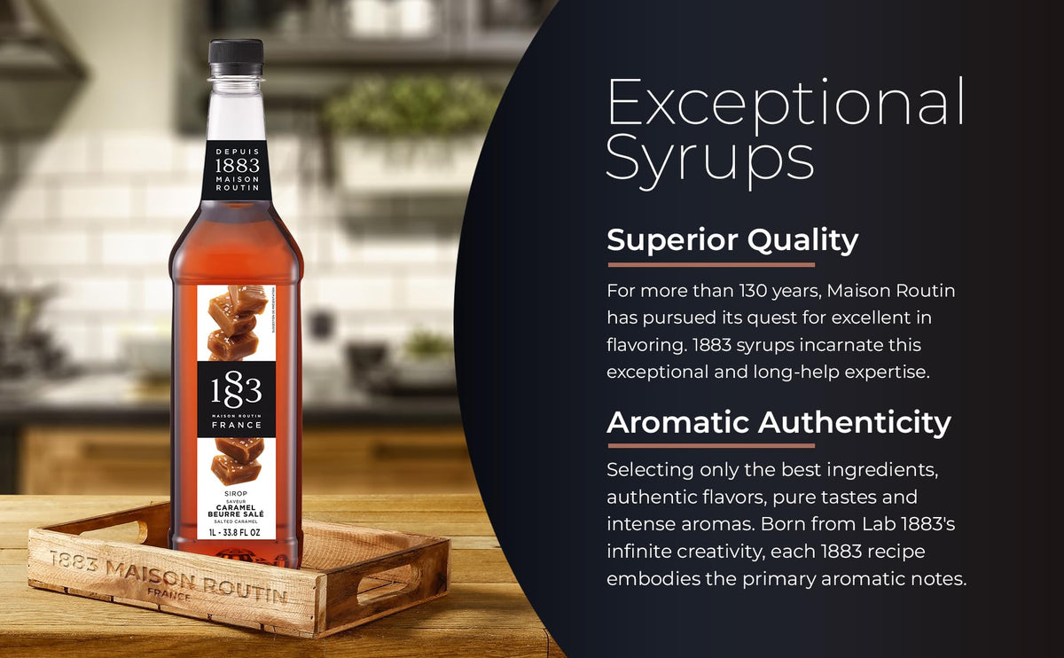 Closeup of 1883 caramel syrup label highlighting premium French craftsmanship.
