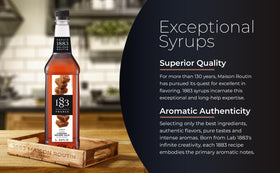 Closeup of 1883 caramel syrup label highlighting premium French craftsmanship.