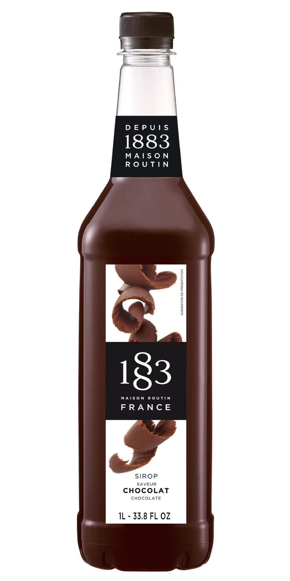 1883 Maison Routin chocolate syrup bottle front showcases premium French flavor