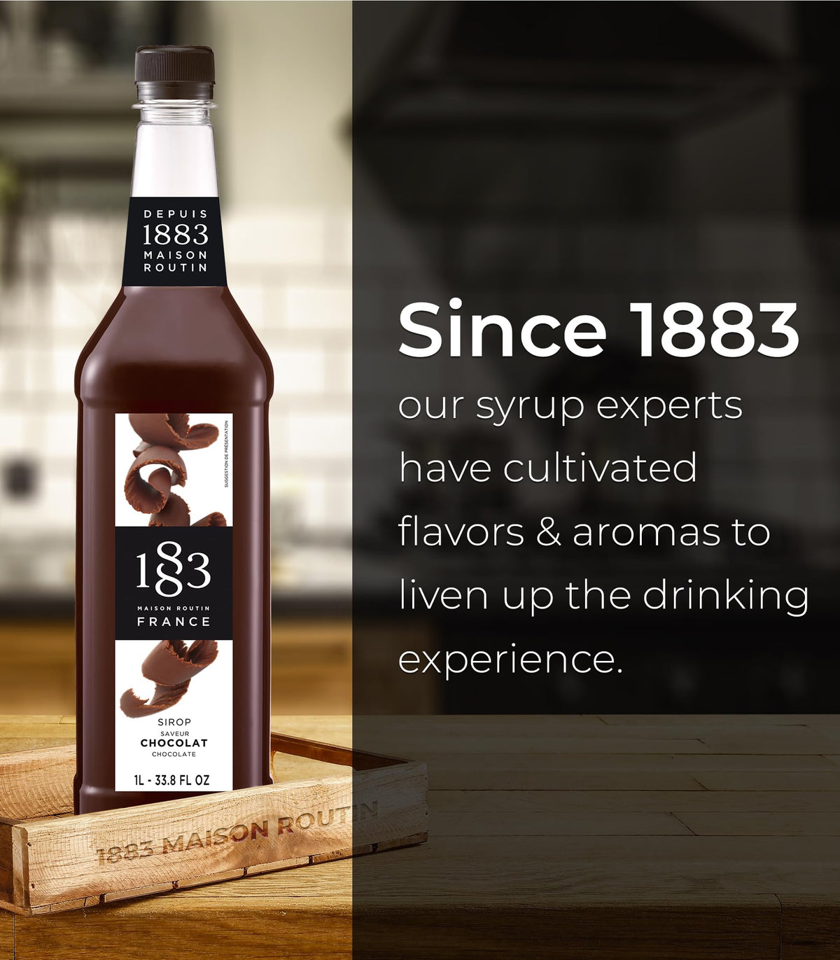 Texture closeup of 1883 chocolate syrup showing rich viscosity